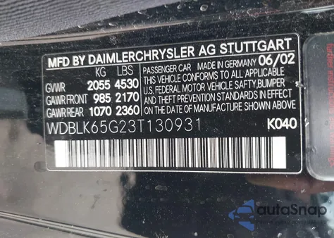 2003 Mercedes-Benz Clk 320 из США, поврежденный, VIN WDBLK65G23T130931